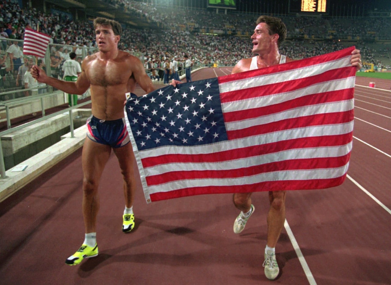 USA decathlon teammates Dave Johnson, left, of Montclair, Calif., and Robert Muzzio of...