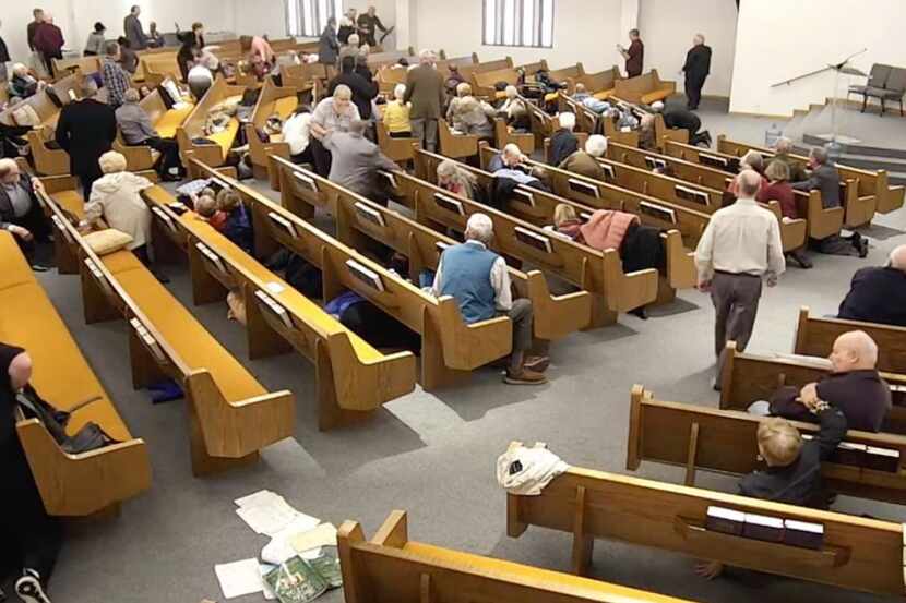 A video of West Freeway Church of Christ security officer Jack Wilson, top center, moves the...