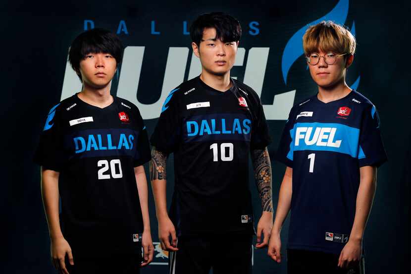 Dallas Fuel players (from left) Kim “DoHa” Dong-Ha, Jung “Xzi” Ki-hyo and Kim “Sp9rk1e”...