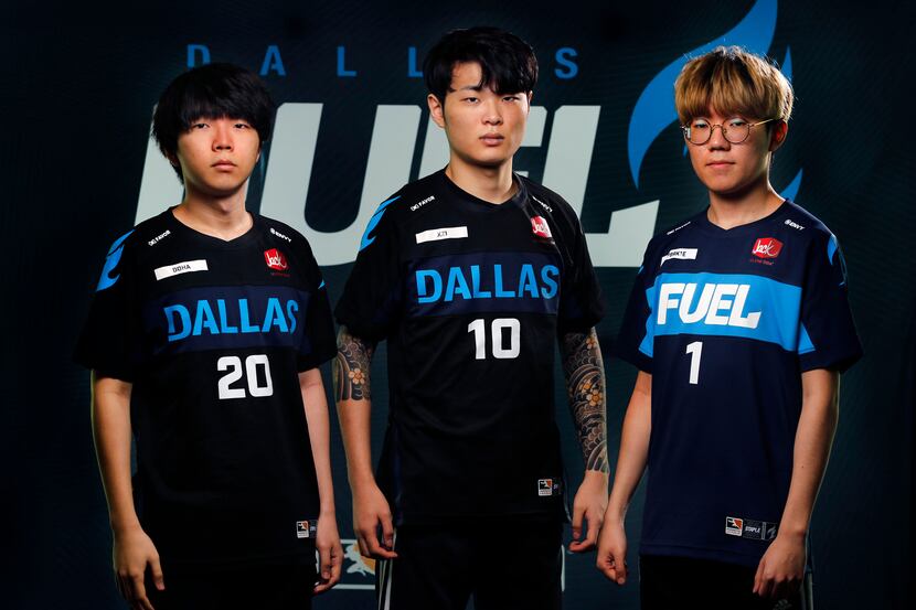Dallas Fuel players (from left) Kim “DoHa” Dong-Ha, Jung “Xzi” Ki-hyo and Kim “Sp9rk1e”...