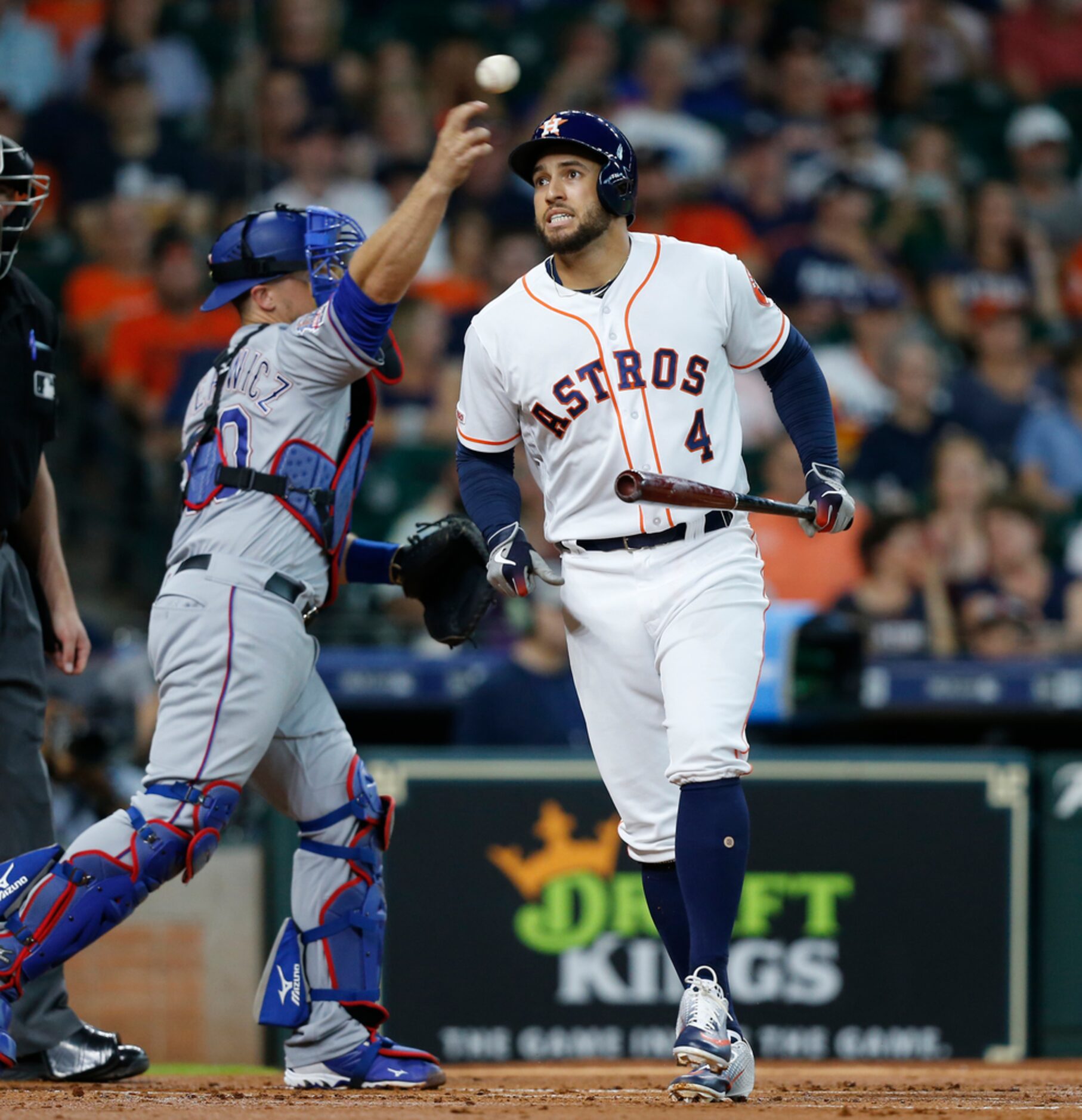 HOUSTON, TEXAS - JULY 20: George Springer #4 of the Houston Astros strikes out in the first...