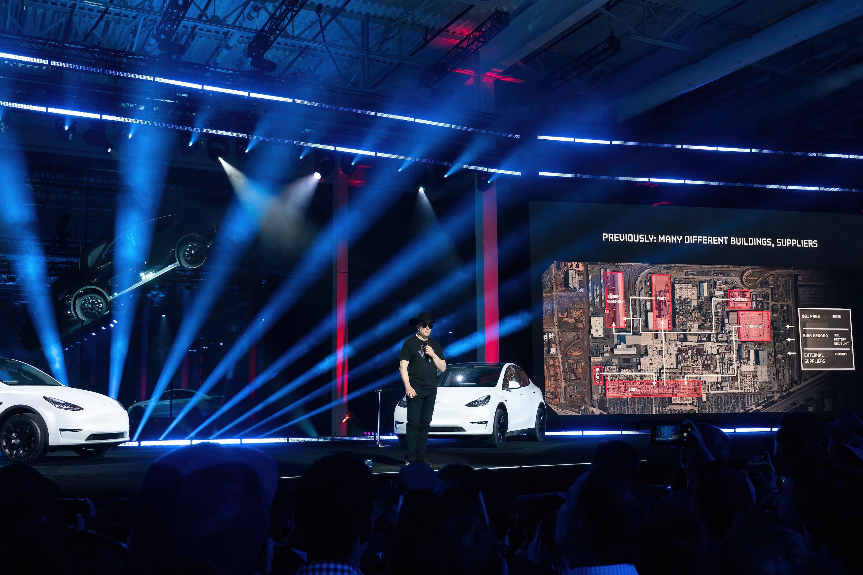 CEO of Tesla Motors Elon Musk speaks at the Tesla Giga Texas manufacturing "Cyber Rodeo"...