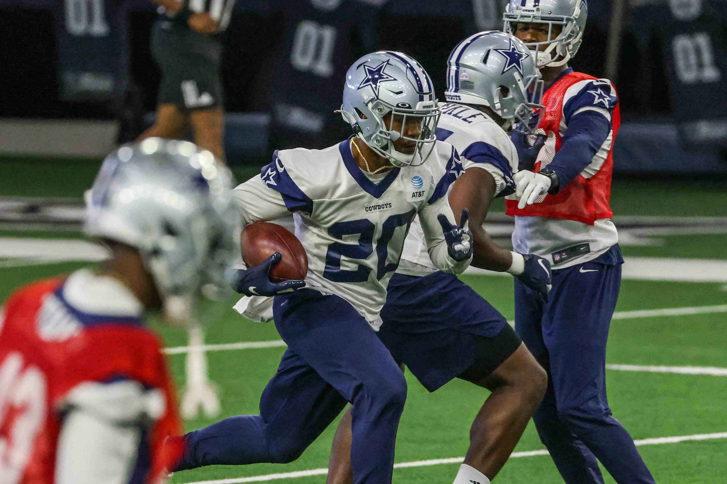 Cowboys' running back Tony Pollard #20 during practice at the Ford Center in Frisco on...