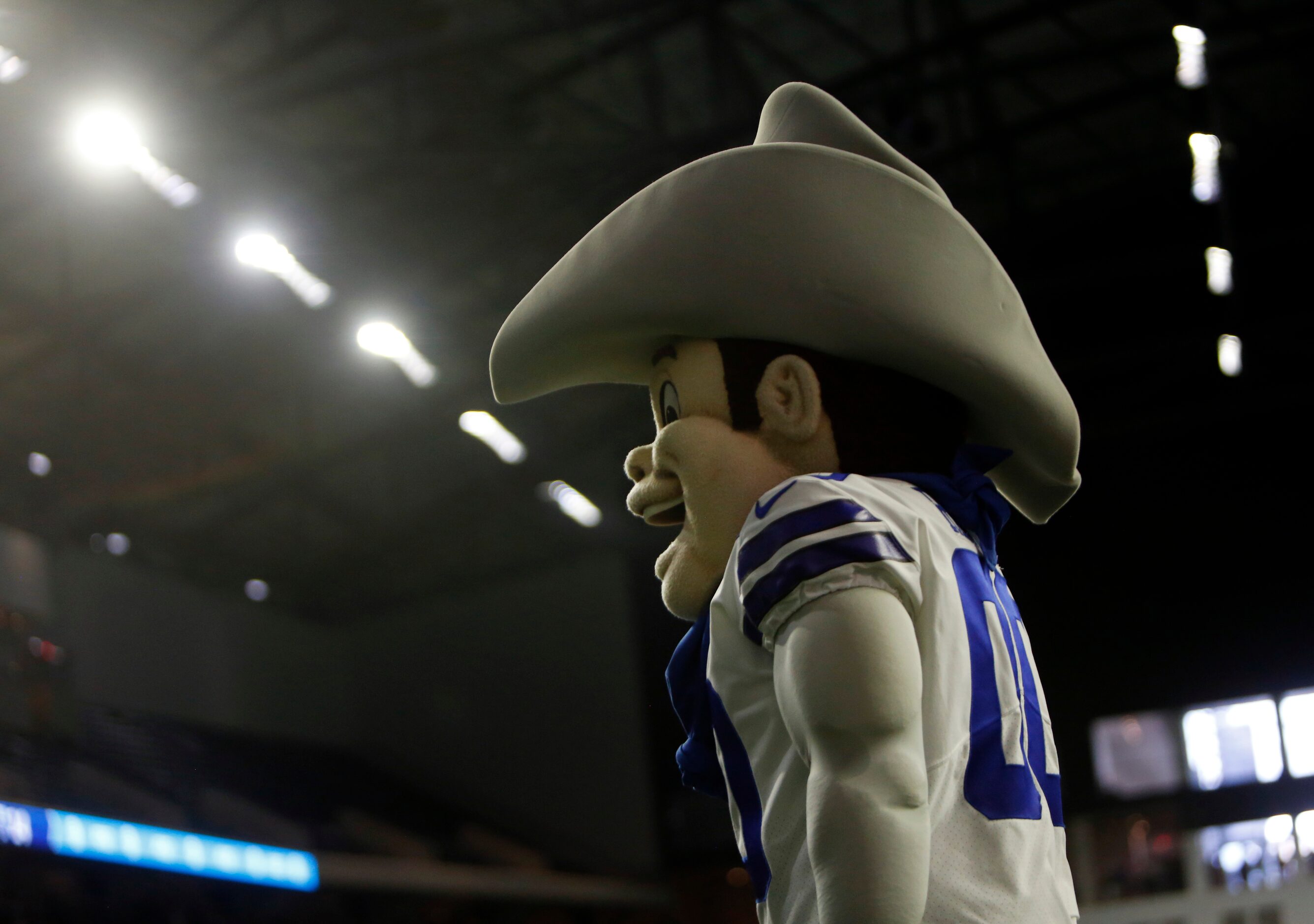 Dallas Cowboys mascot "Rowdy" works to raise the fan spirit level during a team practice...