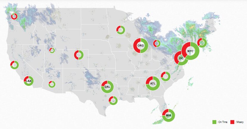 At 8 a.m. Friday, FlightAware's misery map shows the storm taking a toll on flights to...