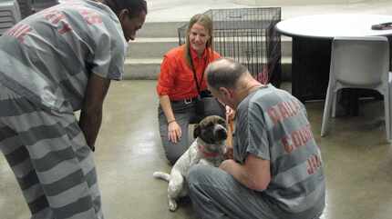 Two Dallas County inmates interact with Diamond, one of the five dogs from Prairie Paws...