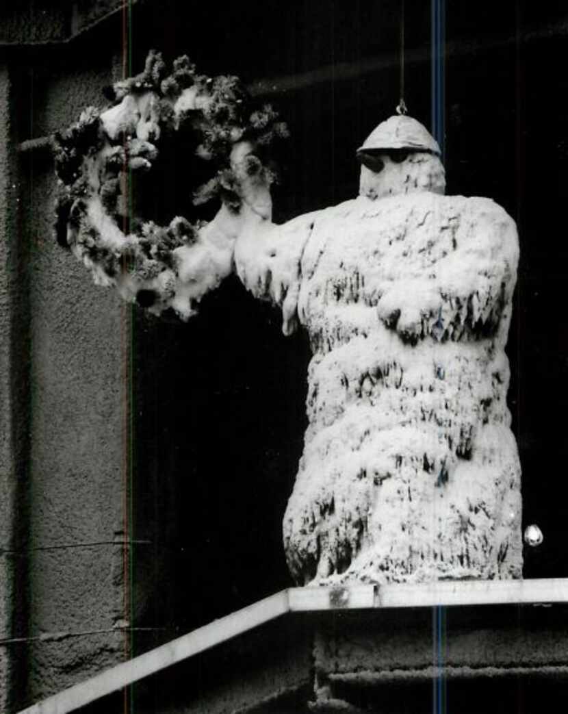 A photo published on Dec. 23, 1983, of the snowman built by workers on the third floor of...