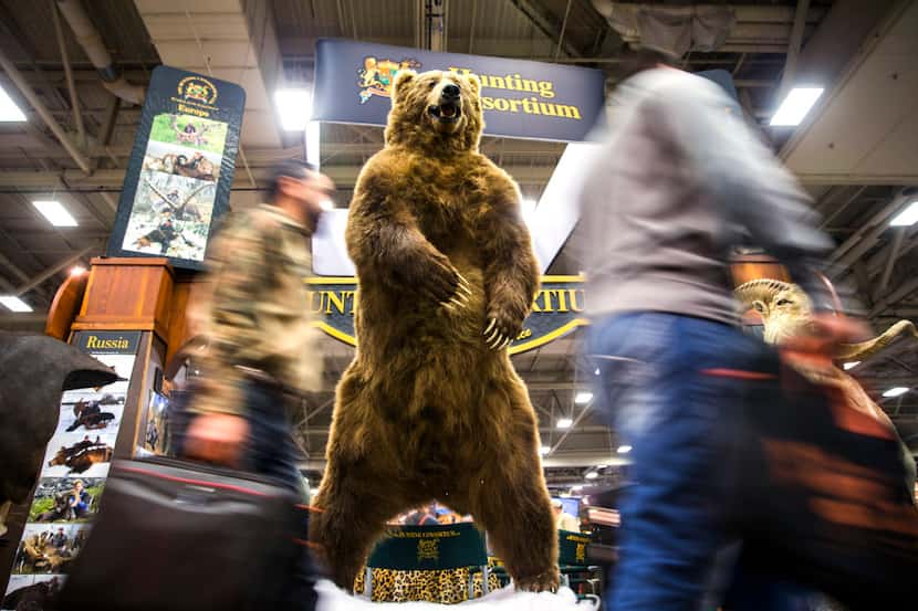 People pass a taxidermied grizzly bear at the Adventure Convention Sporting Expo on...