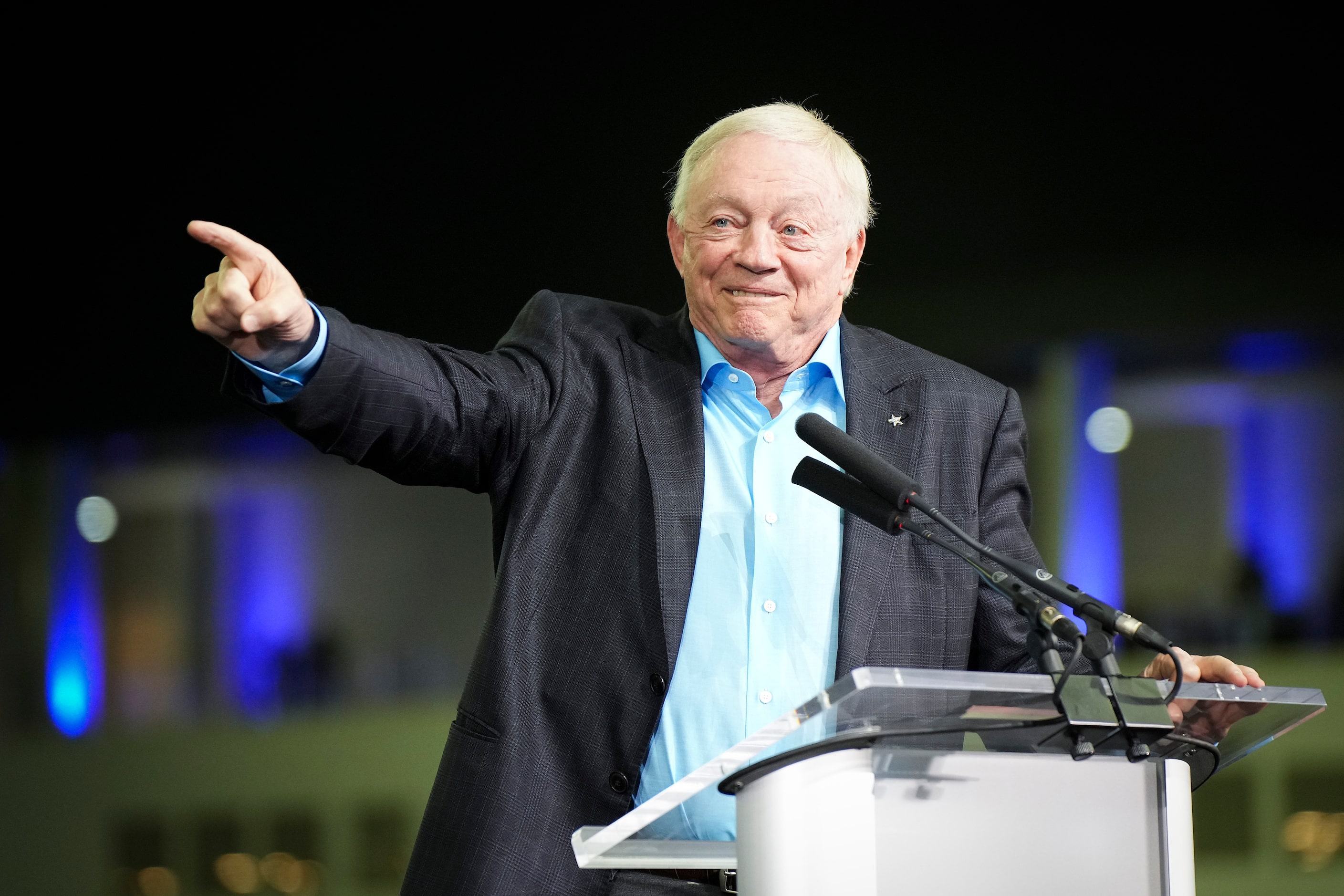 Dallas Cowboys owner and general manager Jerry Jones addresses the crowd during the opening...