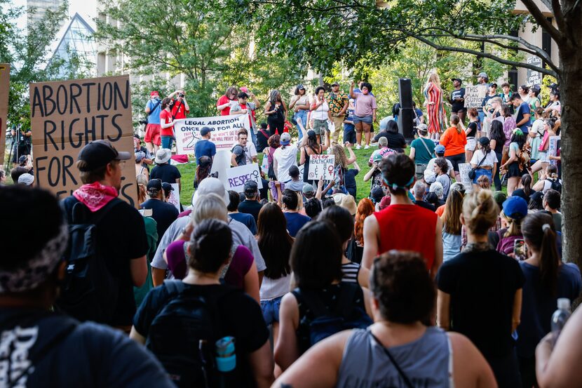 A group of demonstrators gathers at Civic Garden in downtown Dallas.