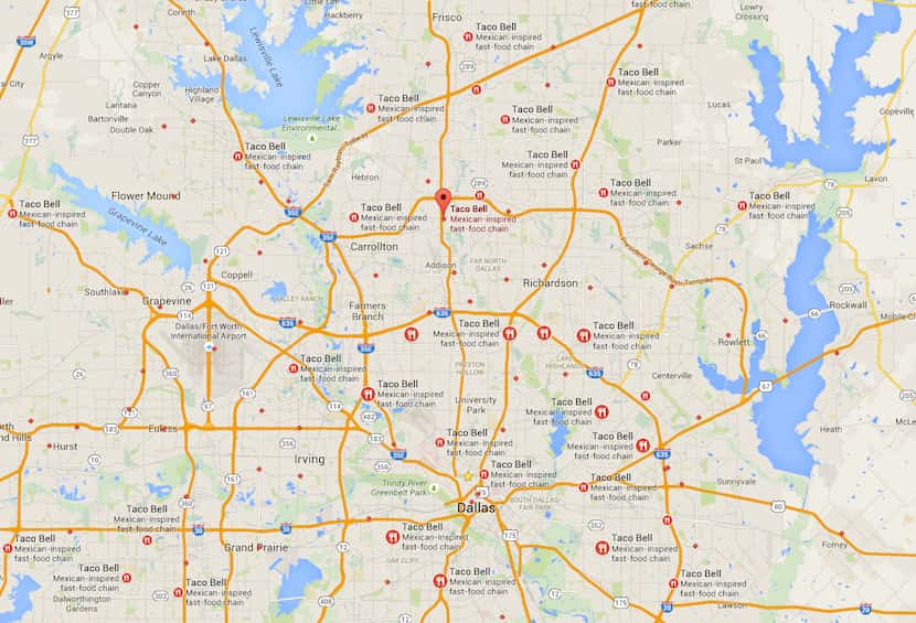 For reference, the red dots show a map of all the Taco Bell restaurants in the Dallas area,...