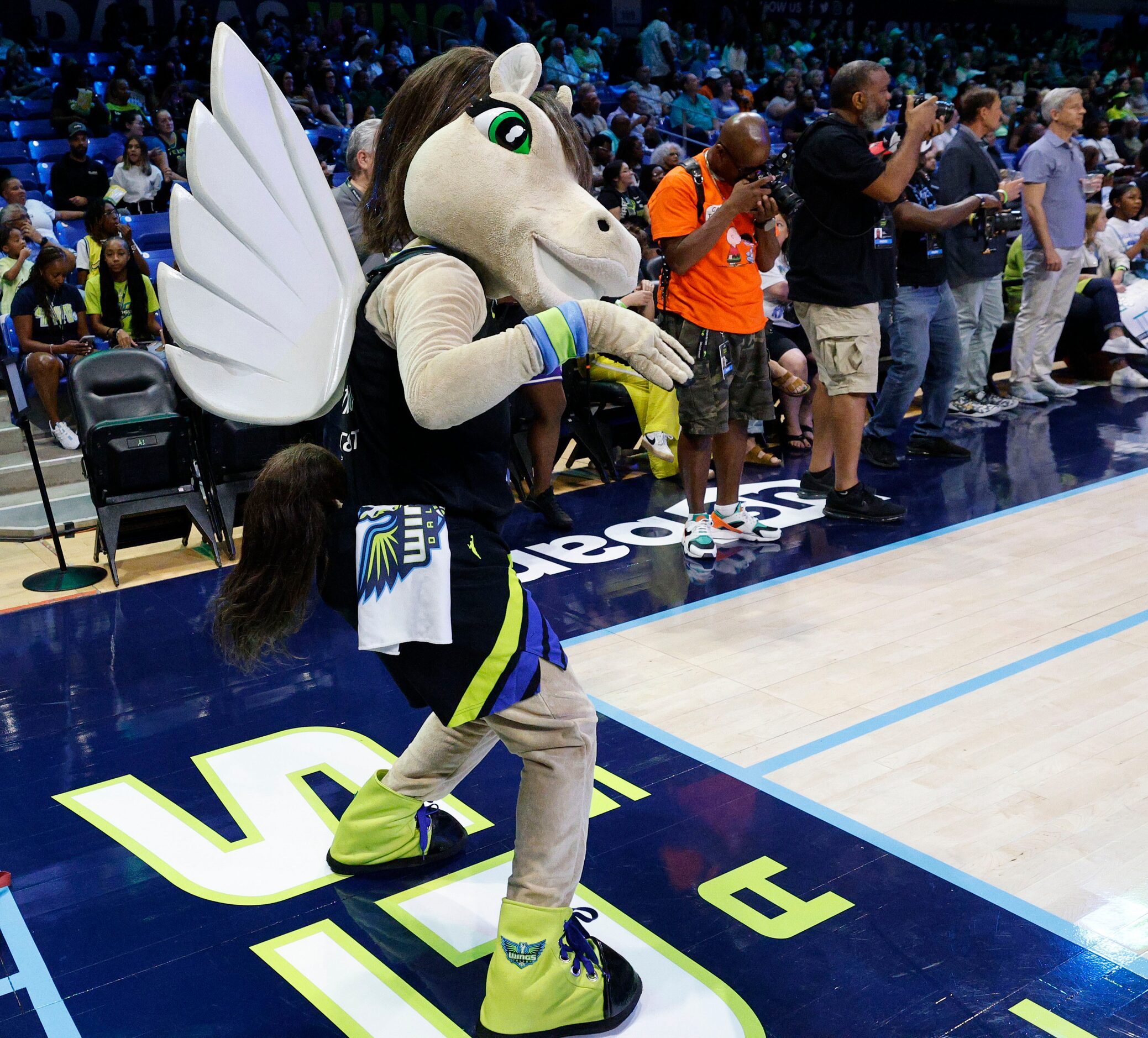 Lightning, the mascot of Dallas Wings is seen before a WNBA basketball game against the...