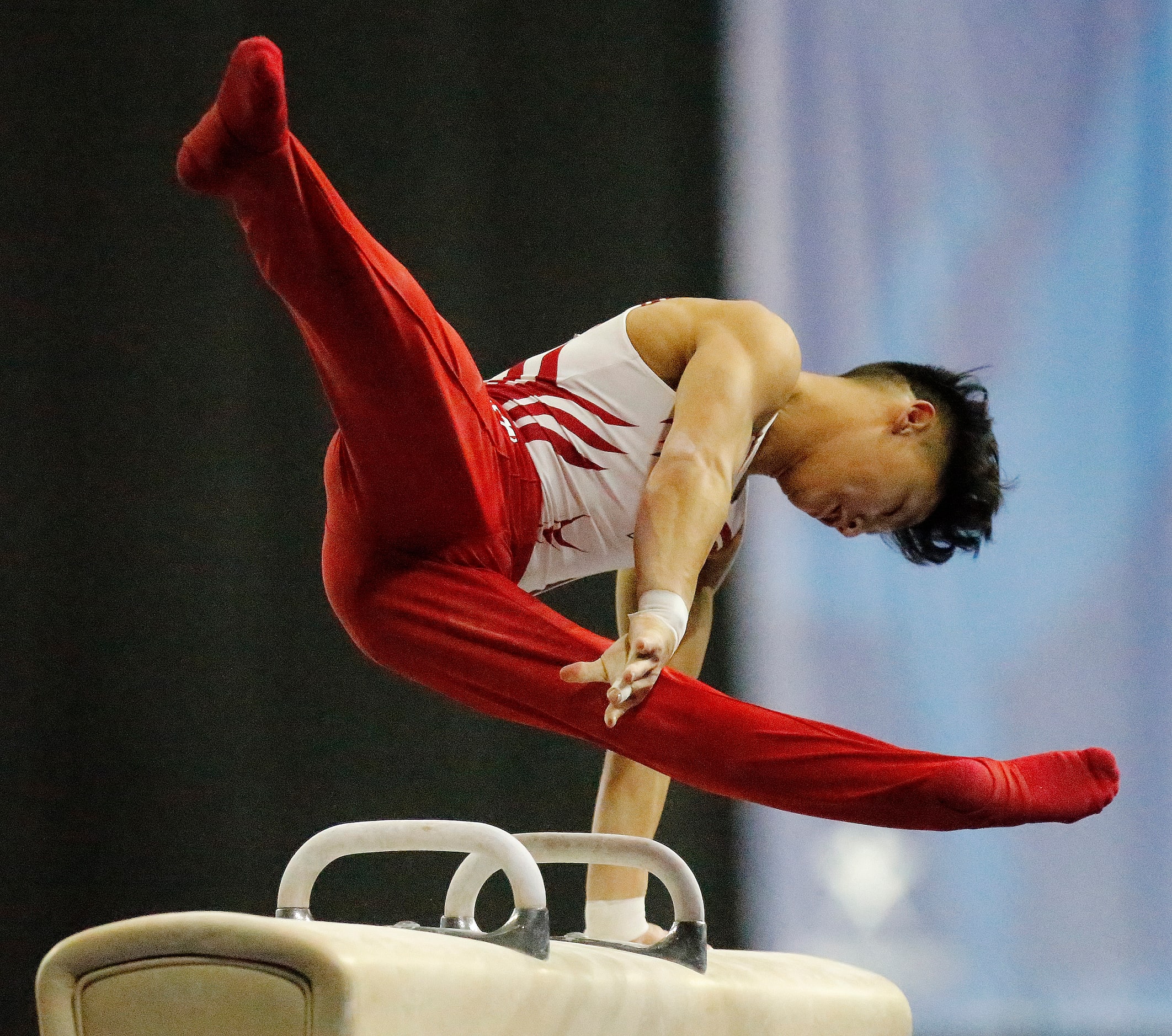 Yul Moldauer with the 5280 Gym performs on the pummel horse during the mens finals at the...