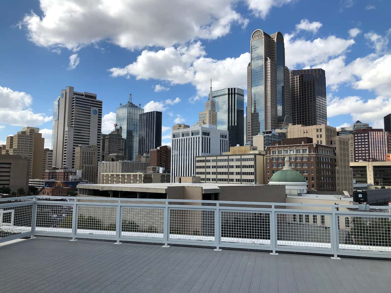 The rooftop deck has close-up view of the downtown skyline.