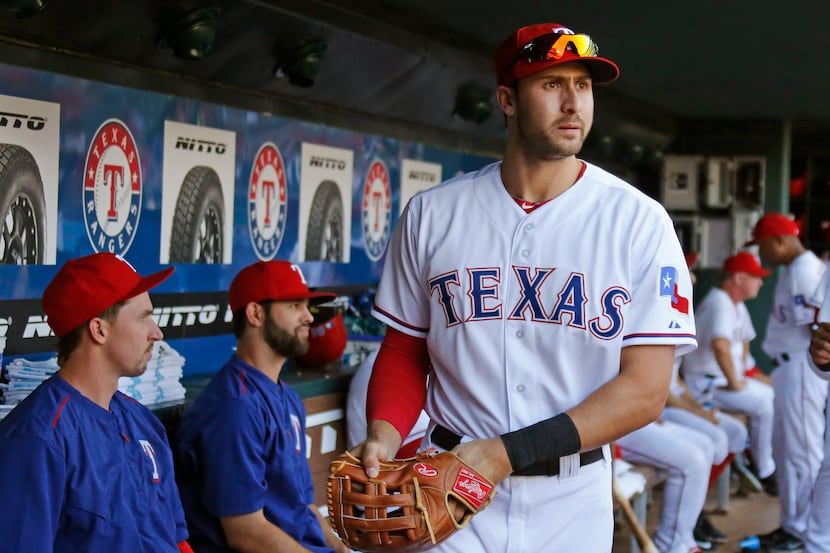 Texas Rangers third baseman Joey Gallo (13) is pictured in the dugout during the Oakland...