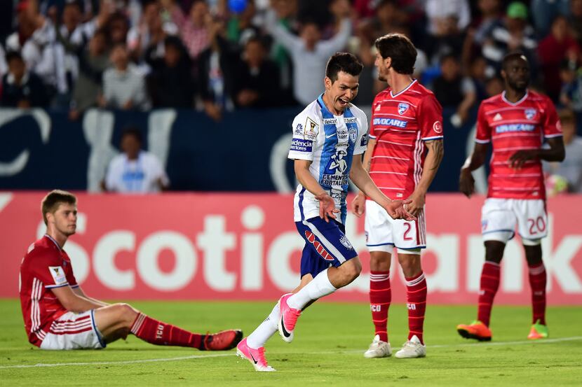 Mexico's Pachuca player Hirving Rodrigo Lozano celebrates his goal against FC Dallas of the...