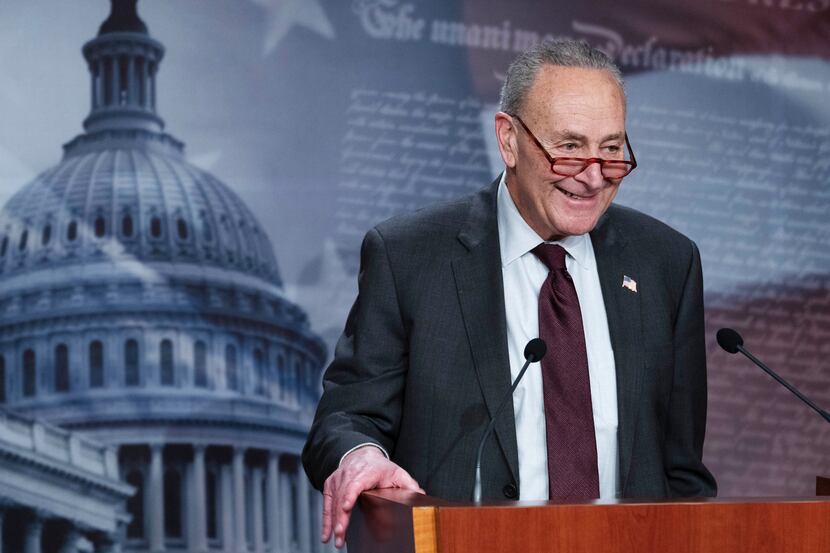 Senate Majority Leader Chuck Schumer of N.Y., speaks during a news conference, Thursday,...