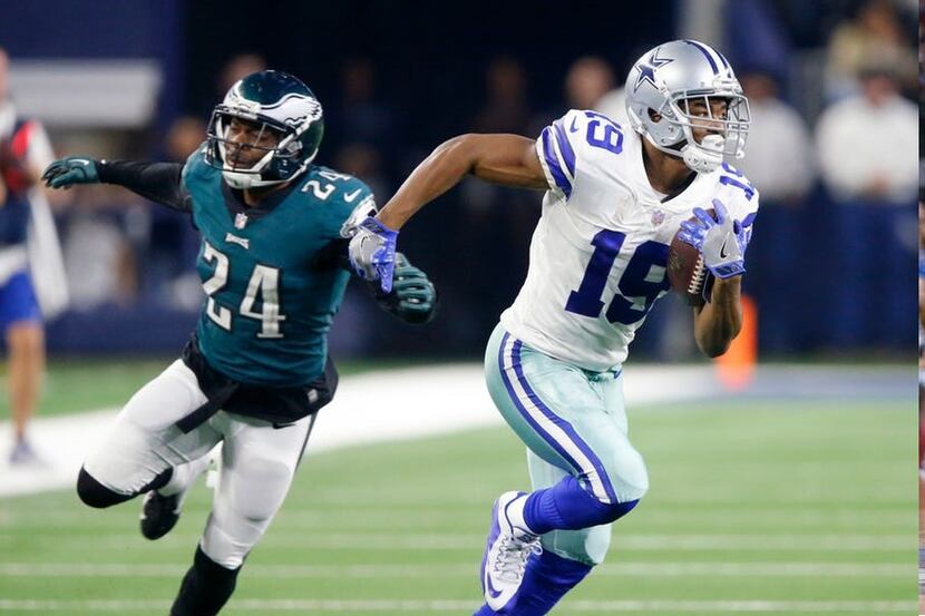 Left: Dallas Cowboys wide receiver Amari Cooper (19) races past Philadelphia Eagles free...