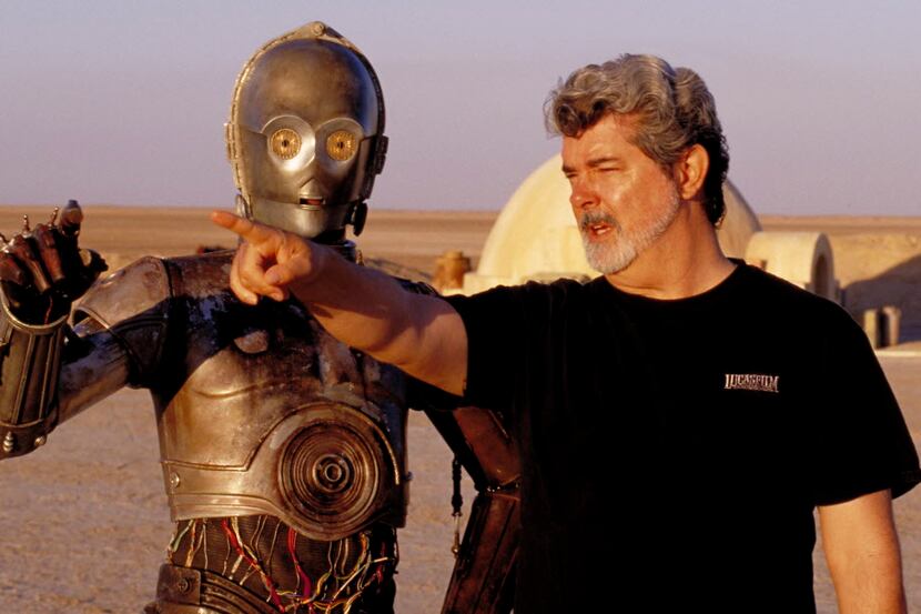 George Lucas directs actor Anthony Daniels, who plays the robot C-3PO, in "Star Wars Episode...