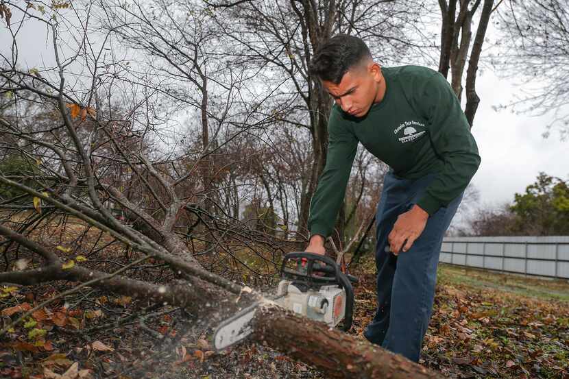 Melvin Carvajal trabaja cortando árboles en Dallas cuando no está entrenando con su equipo...