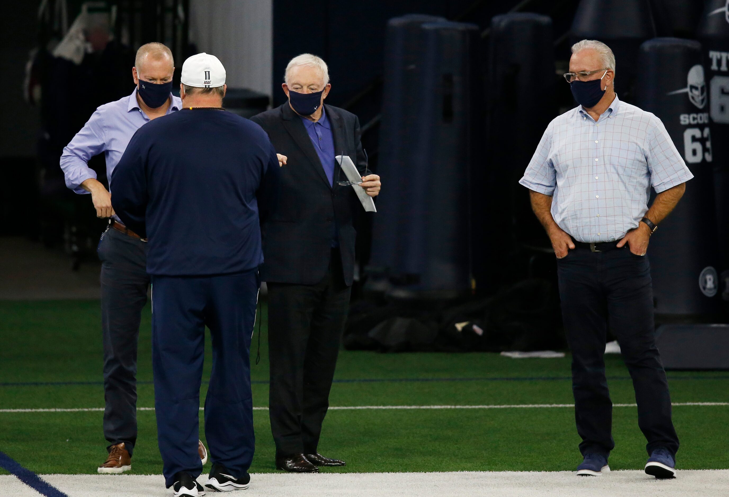 Dallas Cowboys head coach Mike McCarthy greets Dallas Cowboys owner and general manager...