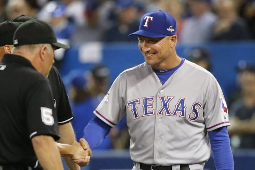 Texas Rangers manager Jeff Banister (28) is pictured during Game 1 of the ALDS between the...