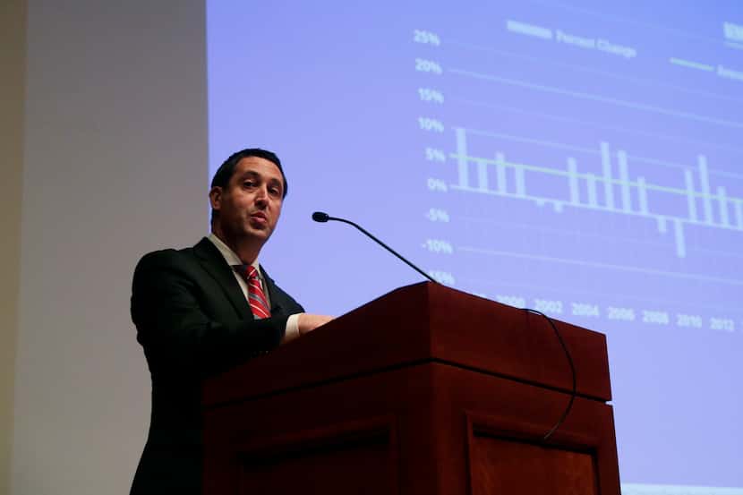 Comptroller Glenn Hegar speaks Monday during a Capitol news conference where he released the...
