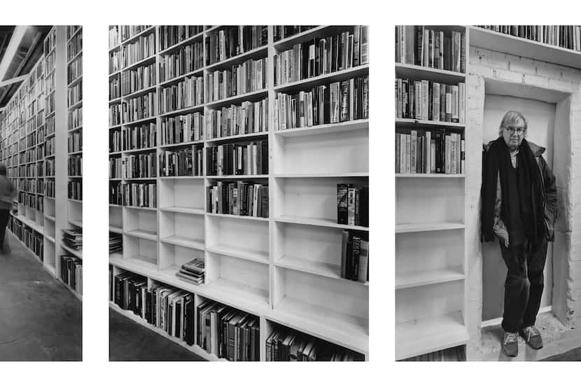 A triptych of photographs of Larry McMurtry at his bookstore in Archer City, Texas in 1998....