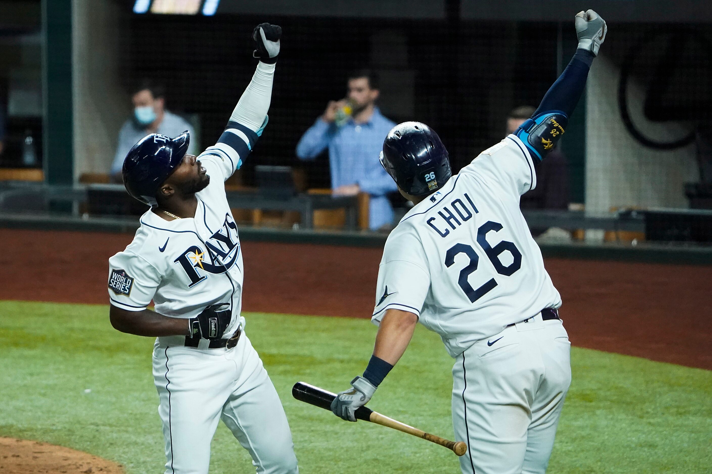 Tampa Bay Rays left fielder Randy Arozarena celebrates with first baseman Ji-Man Choi after...