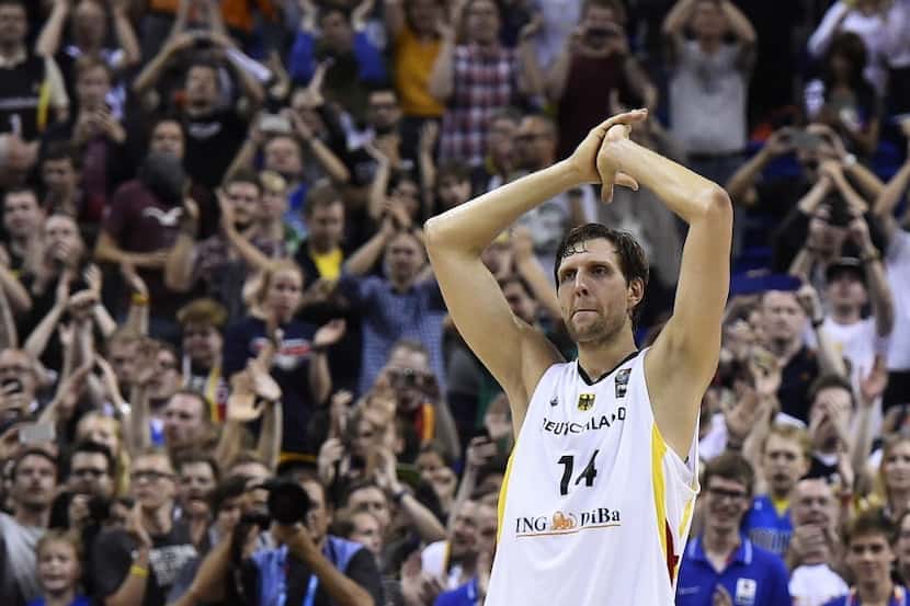 Dirk Nowitzki reacts after the EuroBasket group B match Germany vs Spain in Berlin on...