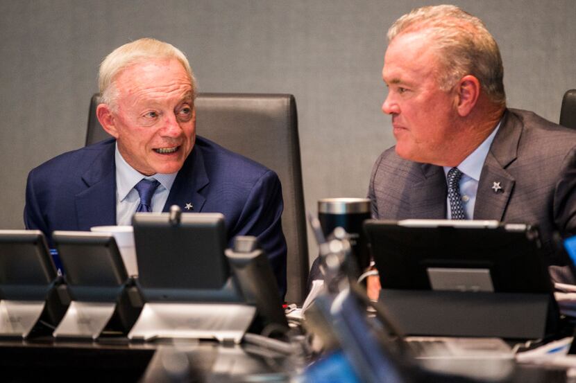 FILE - Cowboys owner Jerry Jones and executive vice president Stephen Jones discuss draft...