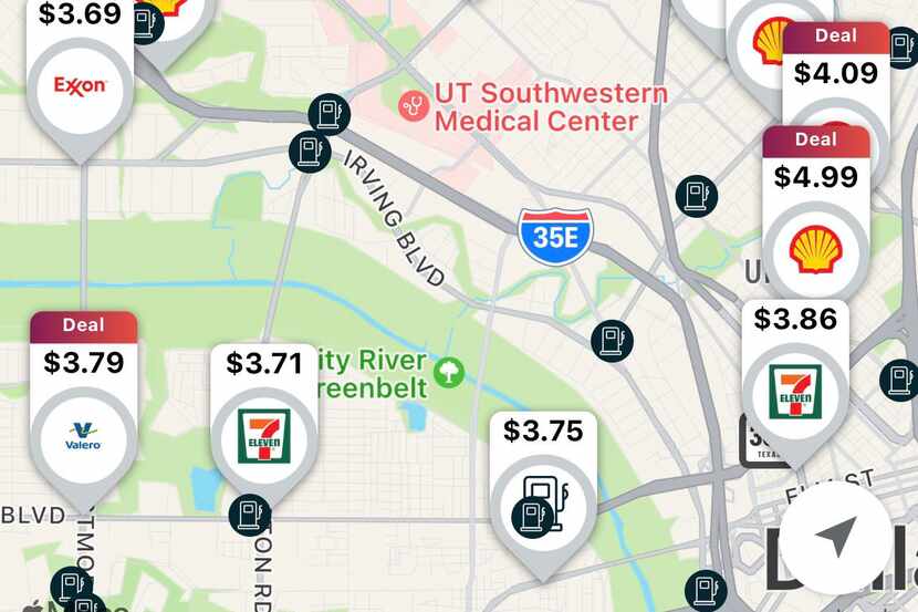 The Gas Buddy map will show you nearby gas prices.