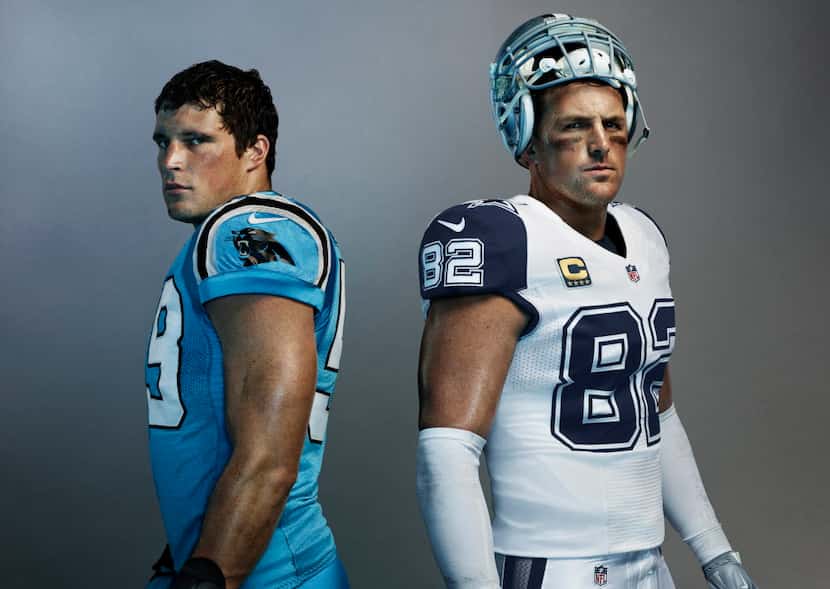 Cowboys TE Jason Witten and Panthers LB Luke Kuechly model the Nike Color Rush uniforms that...