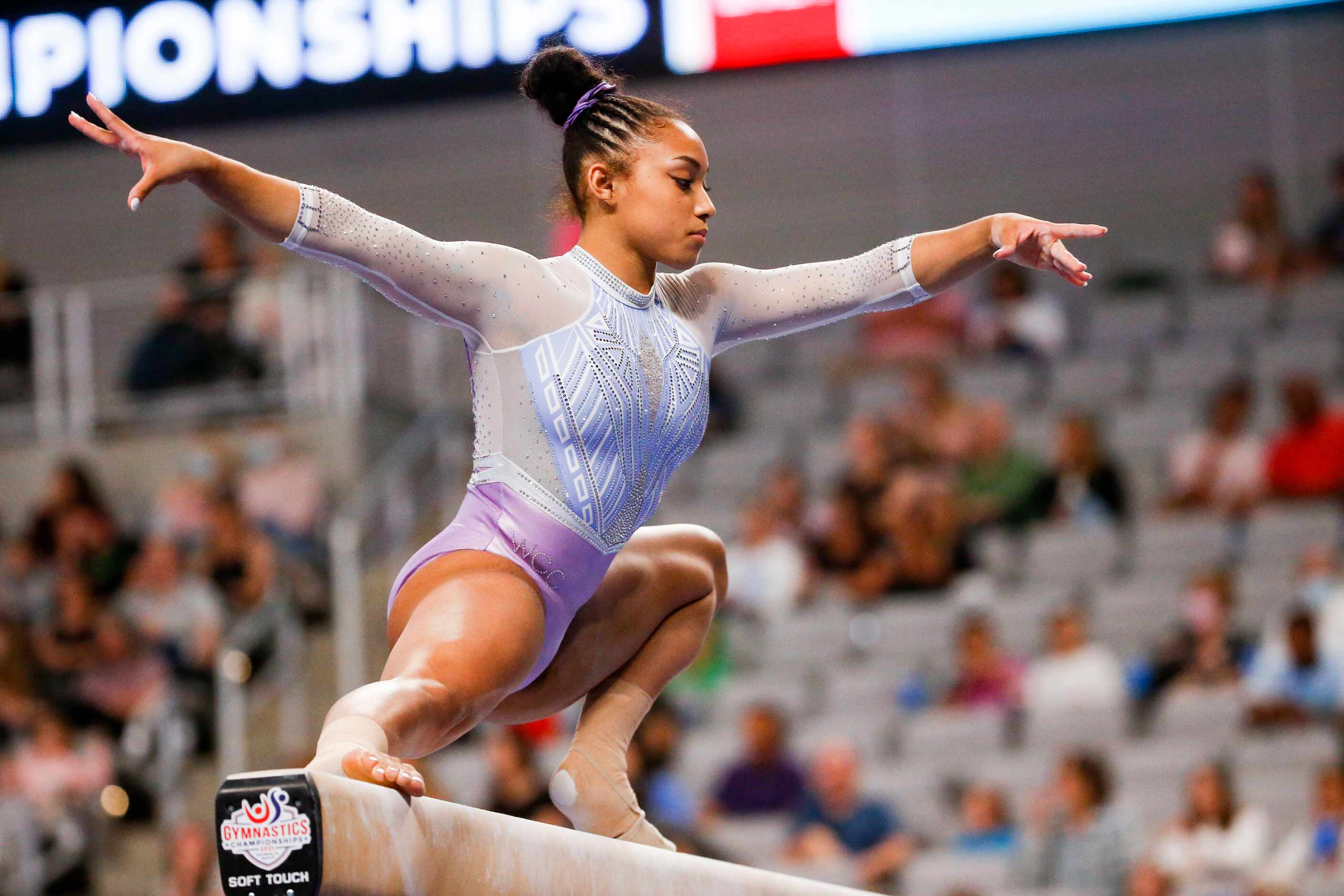 Sydney Barros competes on the balance beam during day 1 of the senior women's US gymnastics...