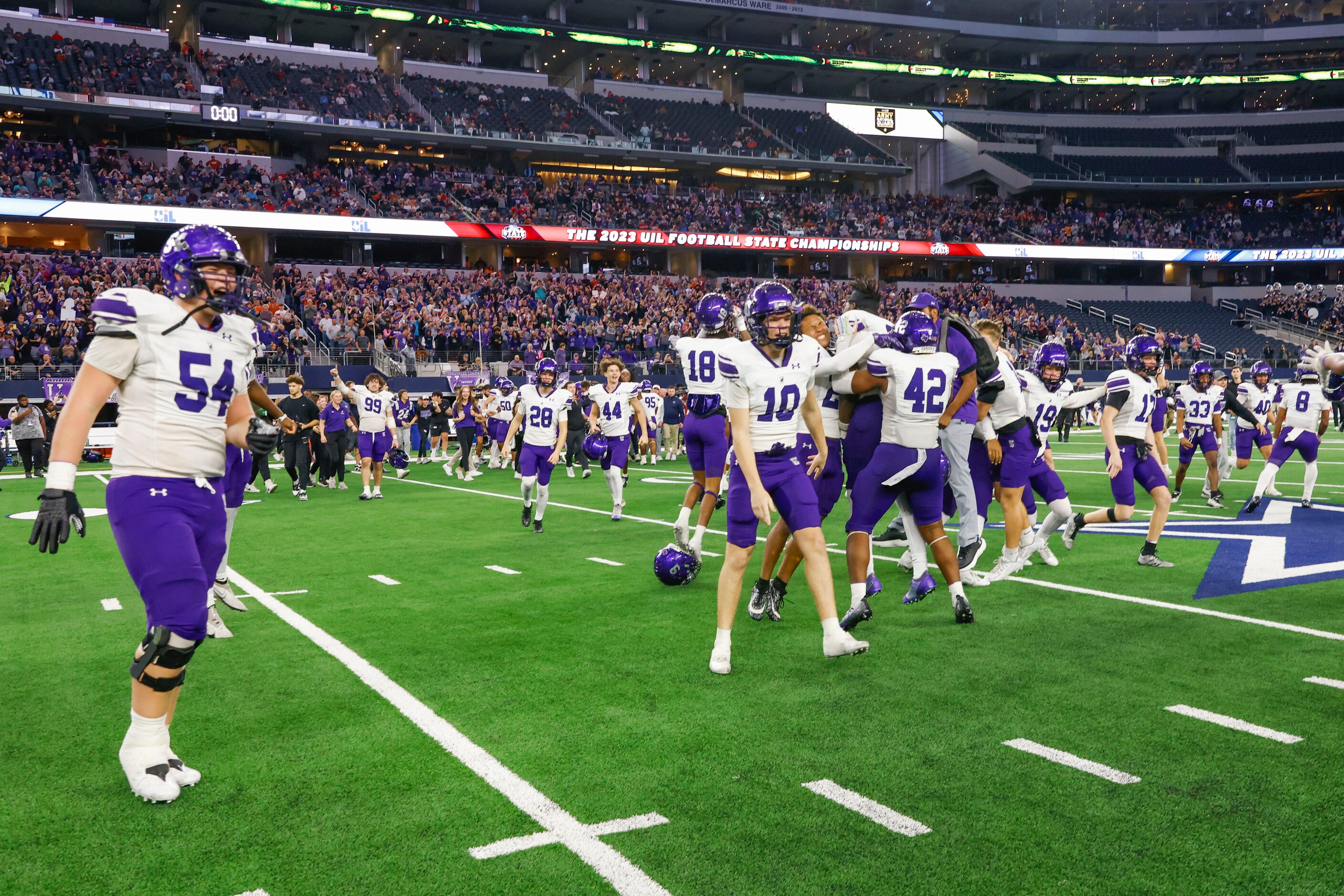 Anna High players celebrate a victory against Tyler Chapel Hill in Class 4A Division I state...