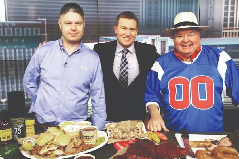Roland Dickey Jr. and Mr. Dickey talking barbecue and the Super Bowl with a Las Vegas news...