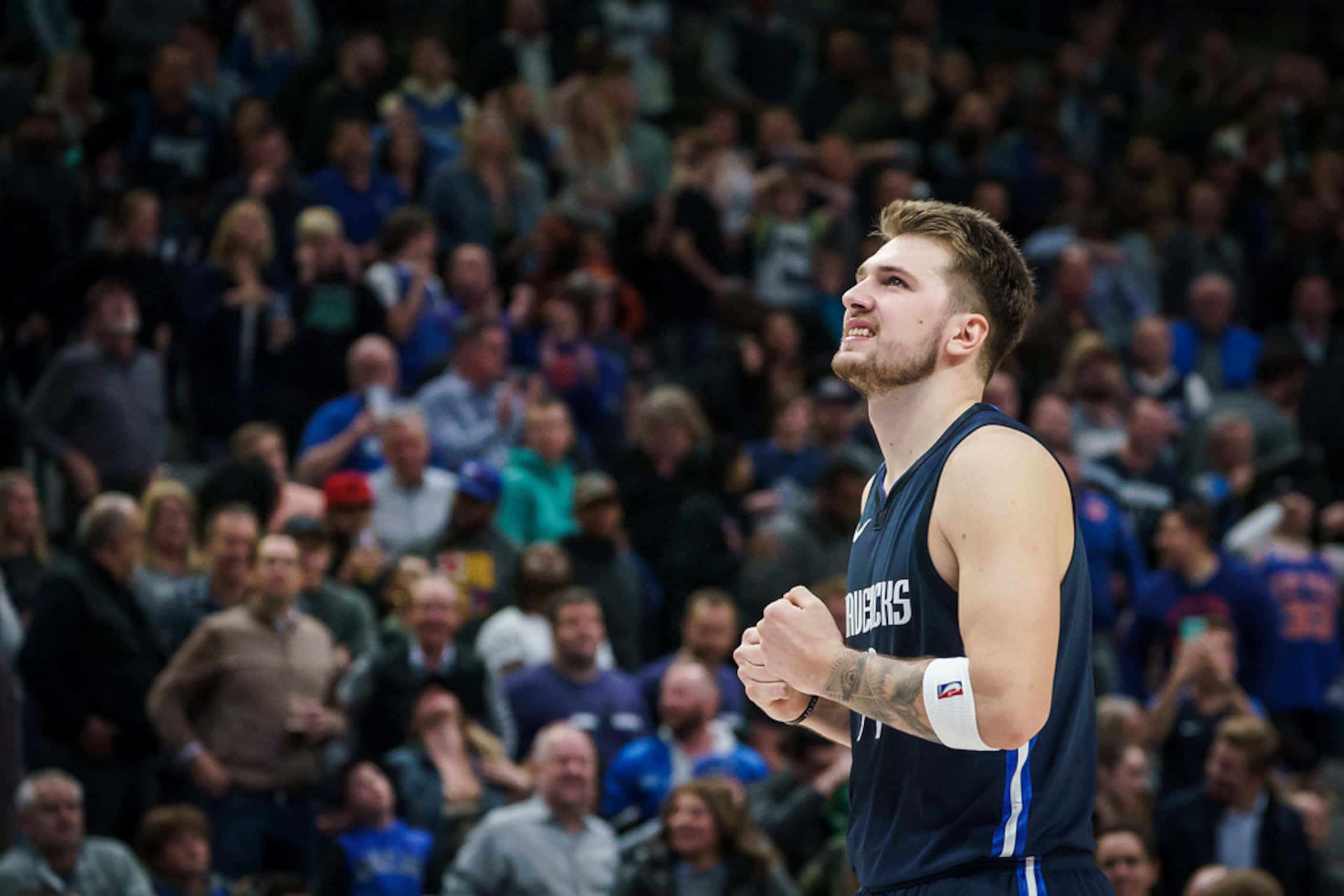 Dallas Mavericks guard Luka Doncic reacts after missing a 3-point attempt to tie the game...