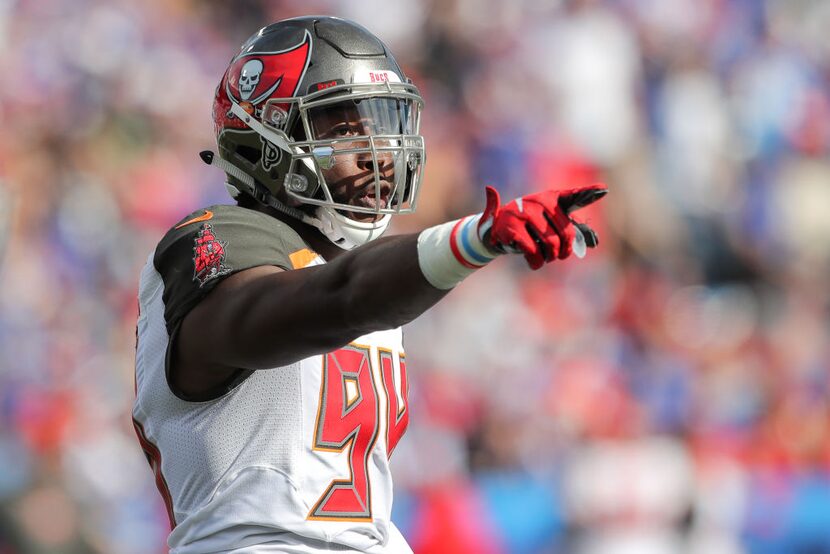 ORCHARD PARK, NY - OCTOBER 22:  Will Clarke #94 of the Tampa Bay Buccaneers points during an...