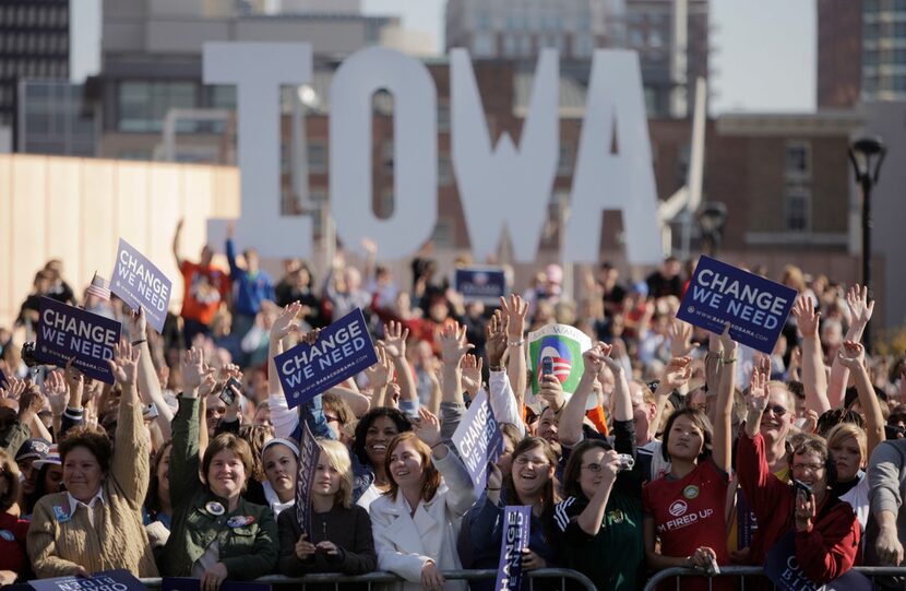 In this Oct. 31, 2008, file photo, supporters cheer as they listen to then-Democratic...