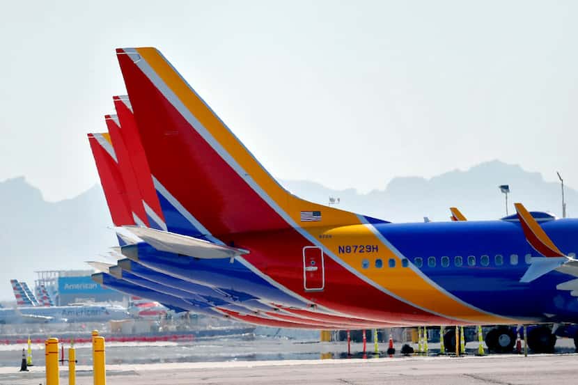 Southwest Airlines Boeing 737 Max jets are grounded at Sky Harbor International Airport,...