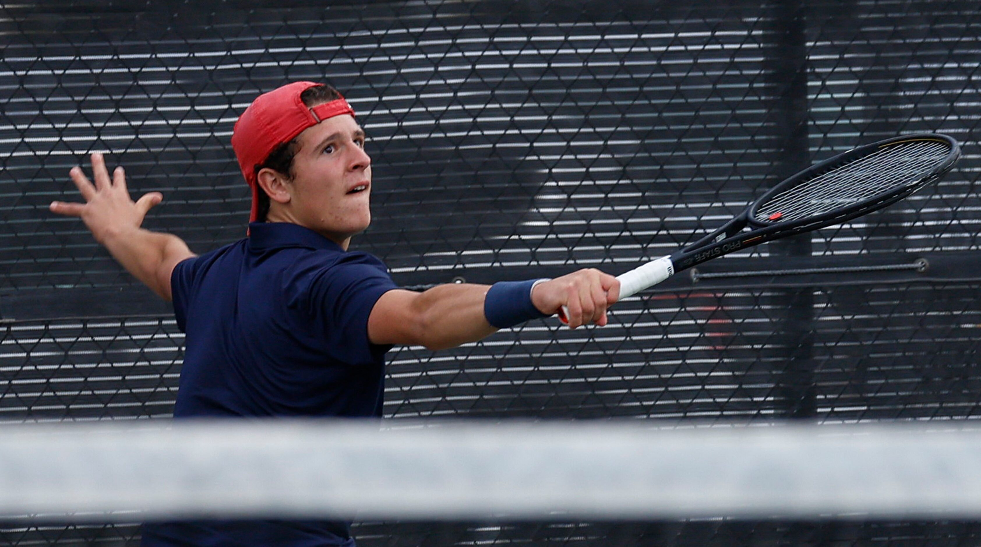 In Class 6A boys doubles Allen’s Noah Hakim makes a return against Woodlands’ Jose Perez and...