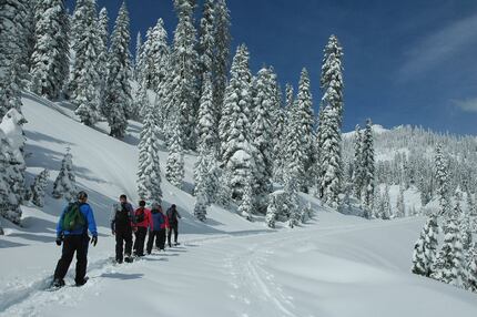 Visitors can join a ranger for a snowshoe walk along the snow-covered park highway in Lassen...