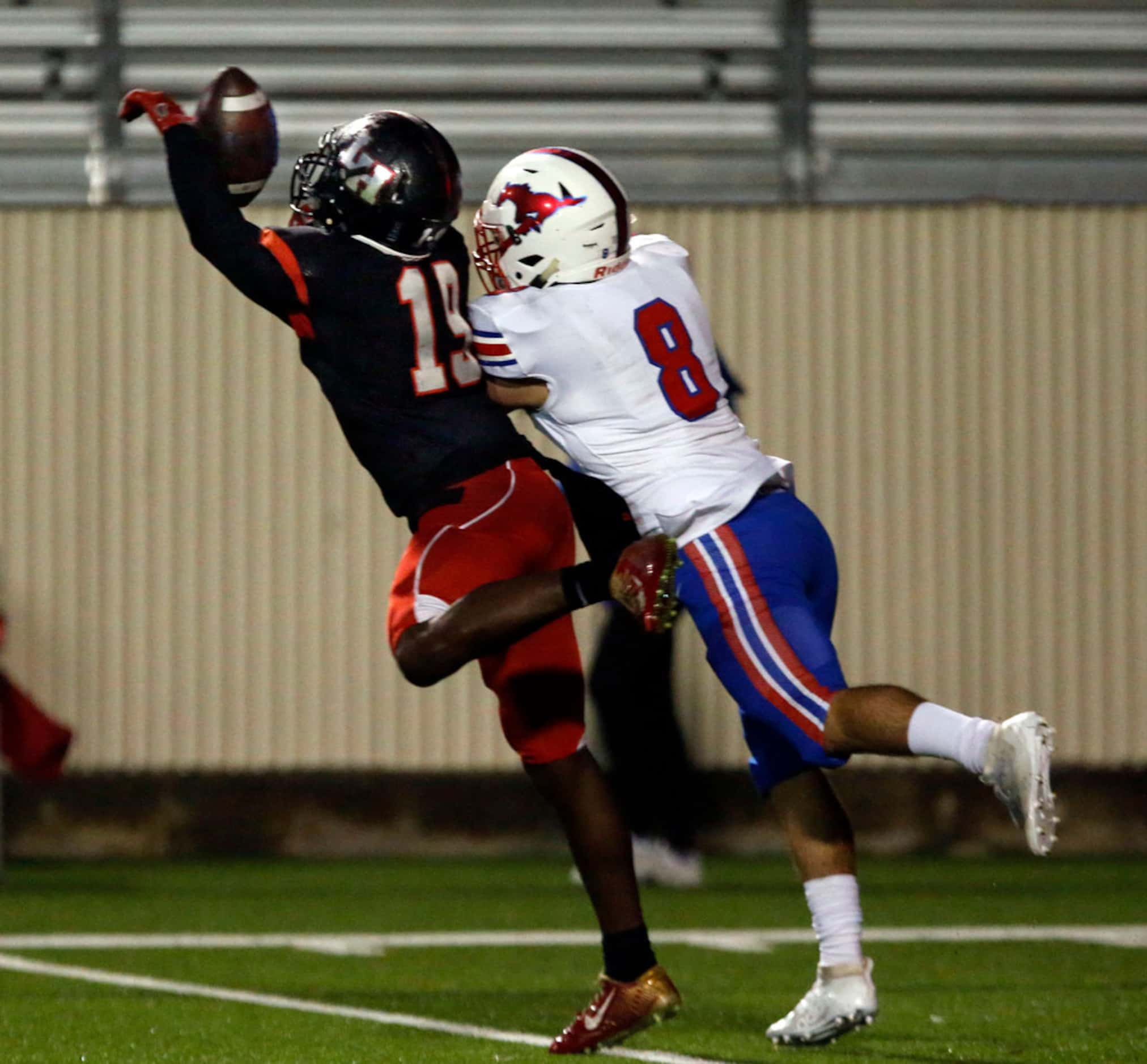 Lake Highlands defender Kyzer Jones (18) knocks a pass away from Richardson Pearce WR Ben...