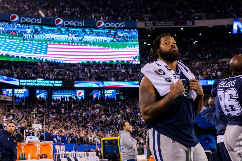 Dallas Cowboys defensive end Michael Bennett (79) stands during the playing of the national...