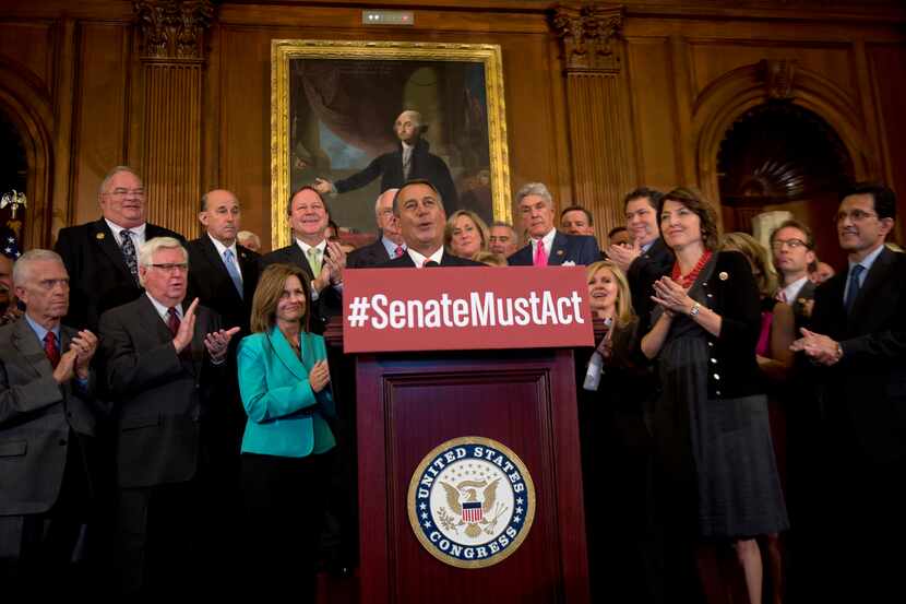 House Speaker John Boehner (R-Ohio) speaks during a news conference with House Republicans...