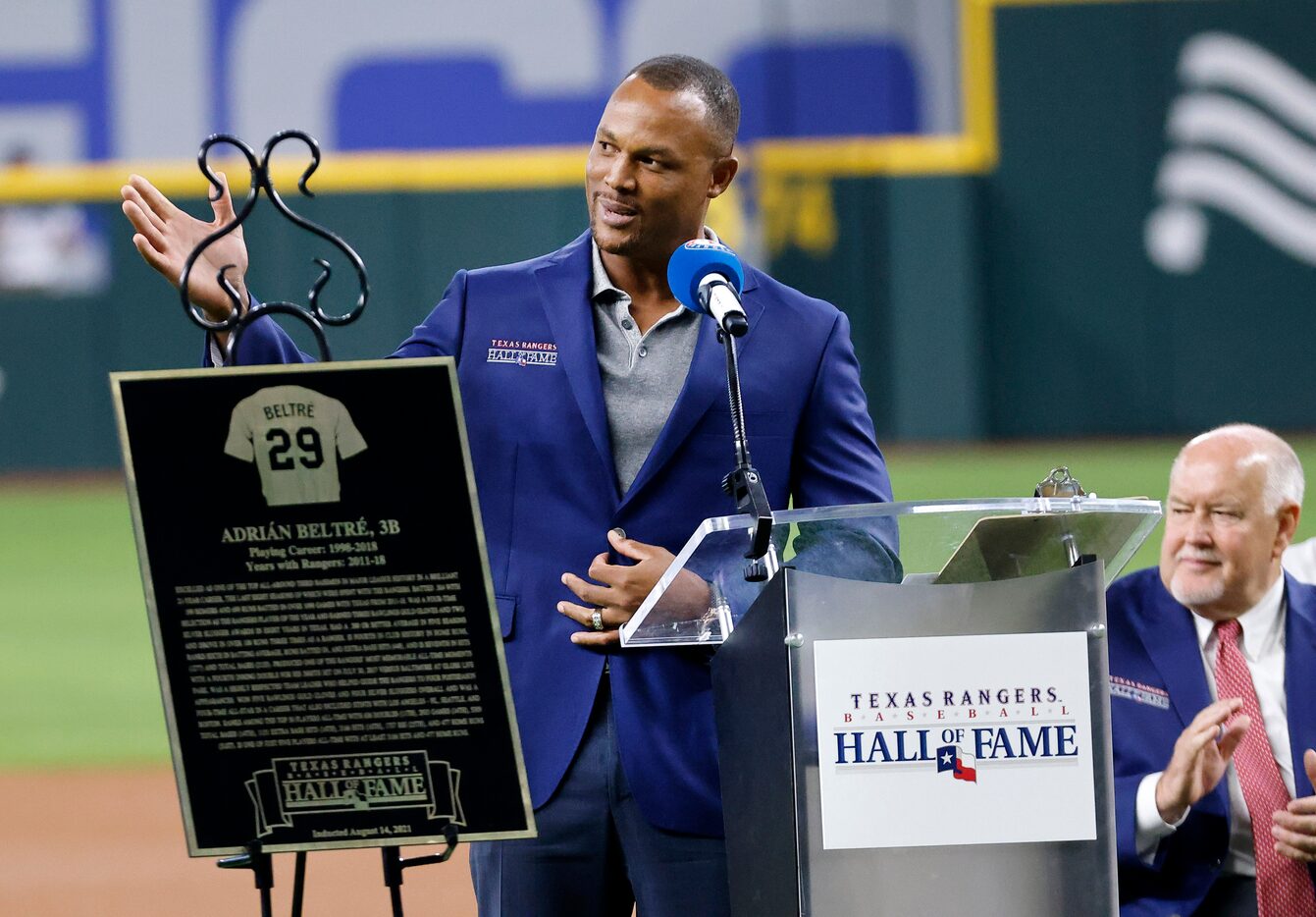 Former Texas Rangers third baseman Adrian Beltre delivers his Texas Rangers Baseball Hall of...