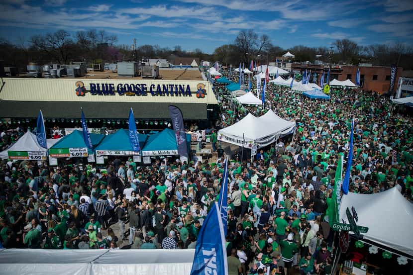 People gathered on Lower Greenville Avenue for the annual St. Patrick’s Day Block Party in...