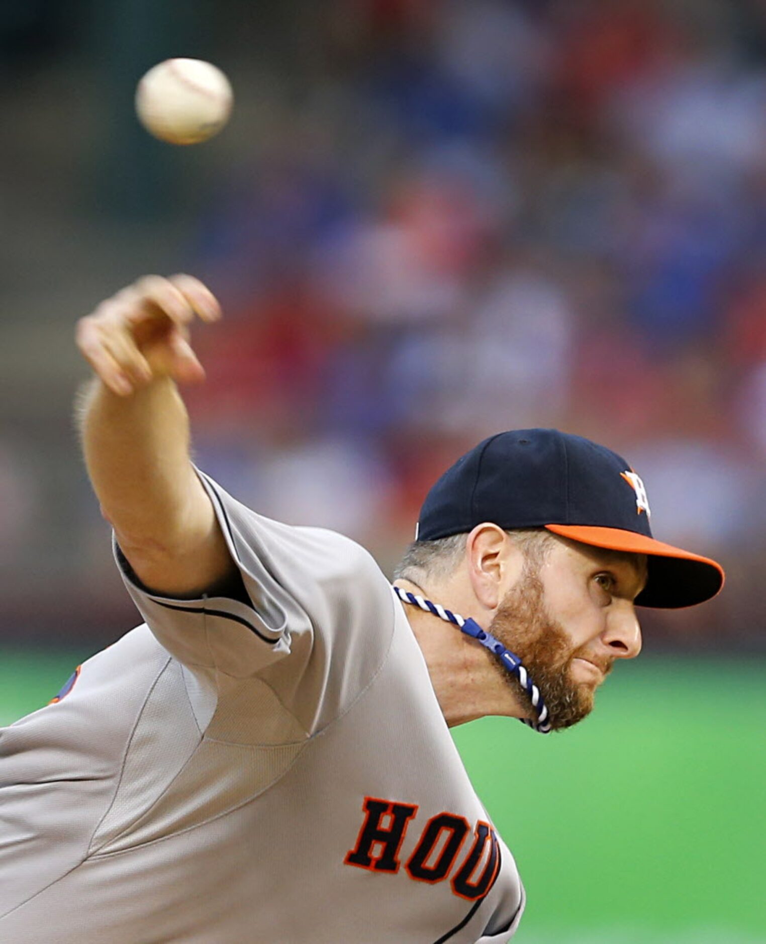 Houston Astros starting pitcher Scott Feldman (46) throws against the Texas Rangers at the...