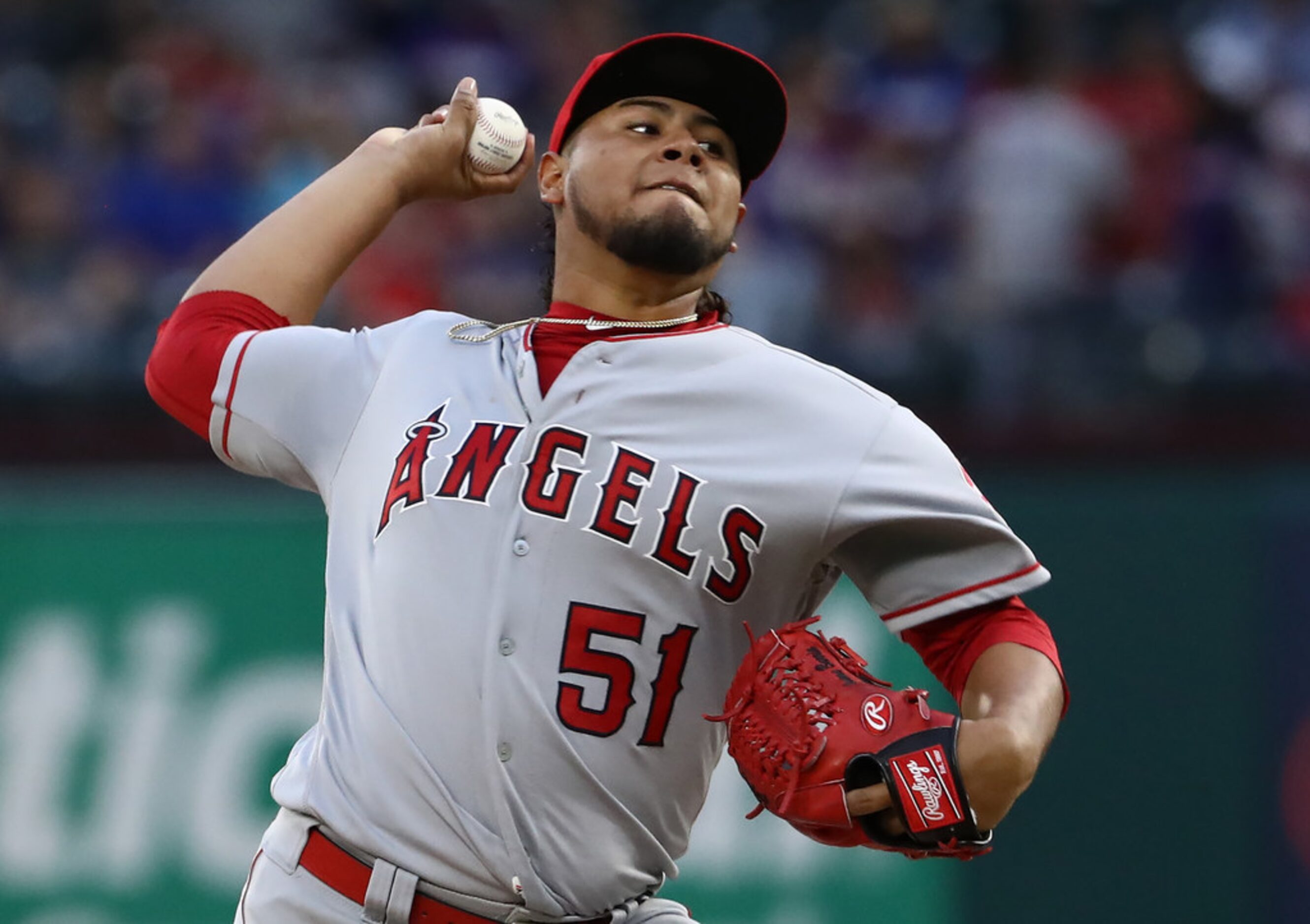 ARLINGTON, TEXAS - APRIL 16:  Jaime Barria #51 of the Los Angeles Angels throws against the...