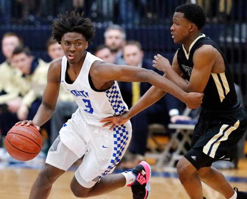 South Garland High School guard Tyrese Maxey (3) gets past Dallas Jesuit guard Max Abmas...